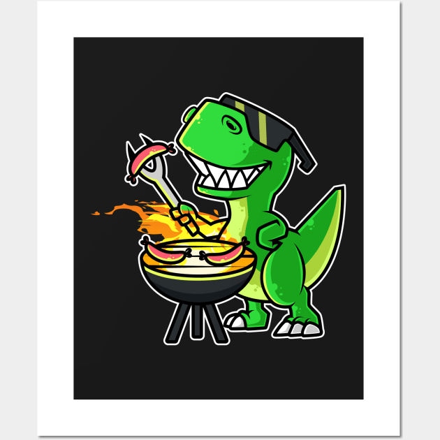 Cool Dinosaur Tyrannosaurus Cooking Sausages Barbecue BBQ graphic Wall Art by theodoros20